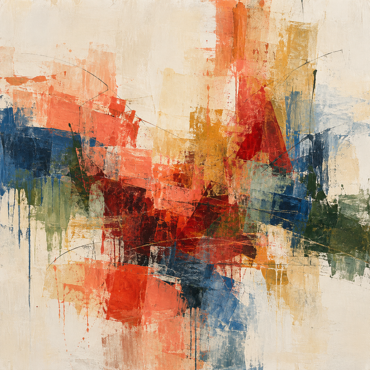 Abstract painting in blue, ochre and black
